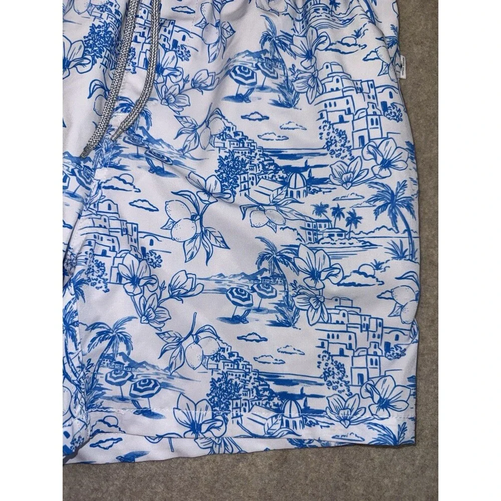 Vintage Summer Men’s Size Medium Swim Trunks Pockets Liner White/Blue Graphic